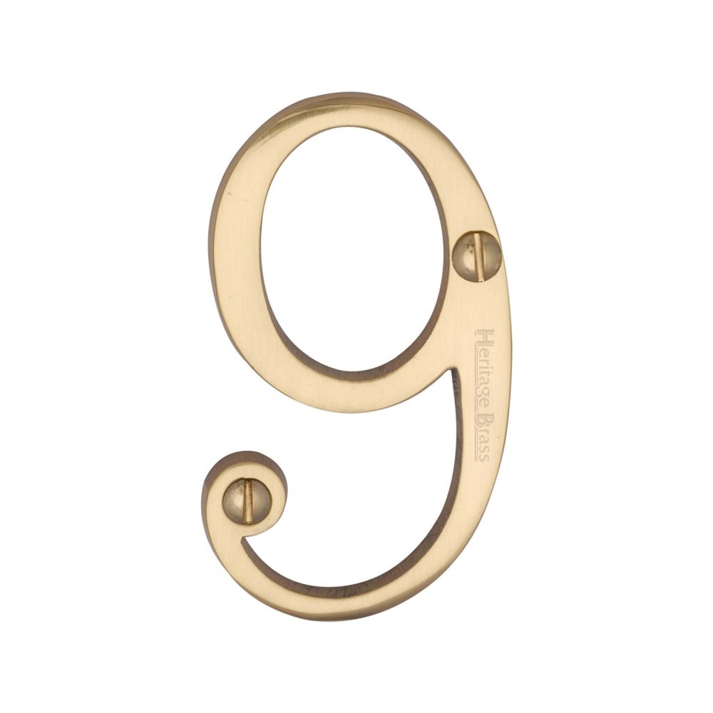 This is an image of a Heritage Brass - Numeral 9 Face Fix 76mm (3") Polished Brass Finish, c1560-9-pb that is available to order from T.H Wiggans Ironmongery in Kendal.