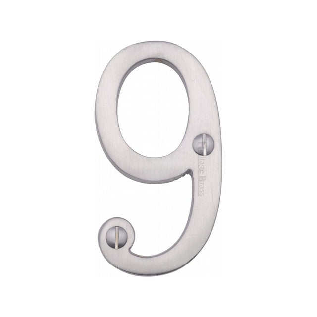 This is an image of a Heritage Brass - Numeral 9 Face Fix 76mm (3") Satin Chrome Finish, c1560-9-sc that is available to order from T.H Wiggans Ironmongery in Kendal.