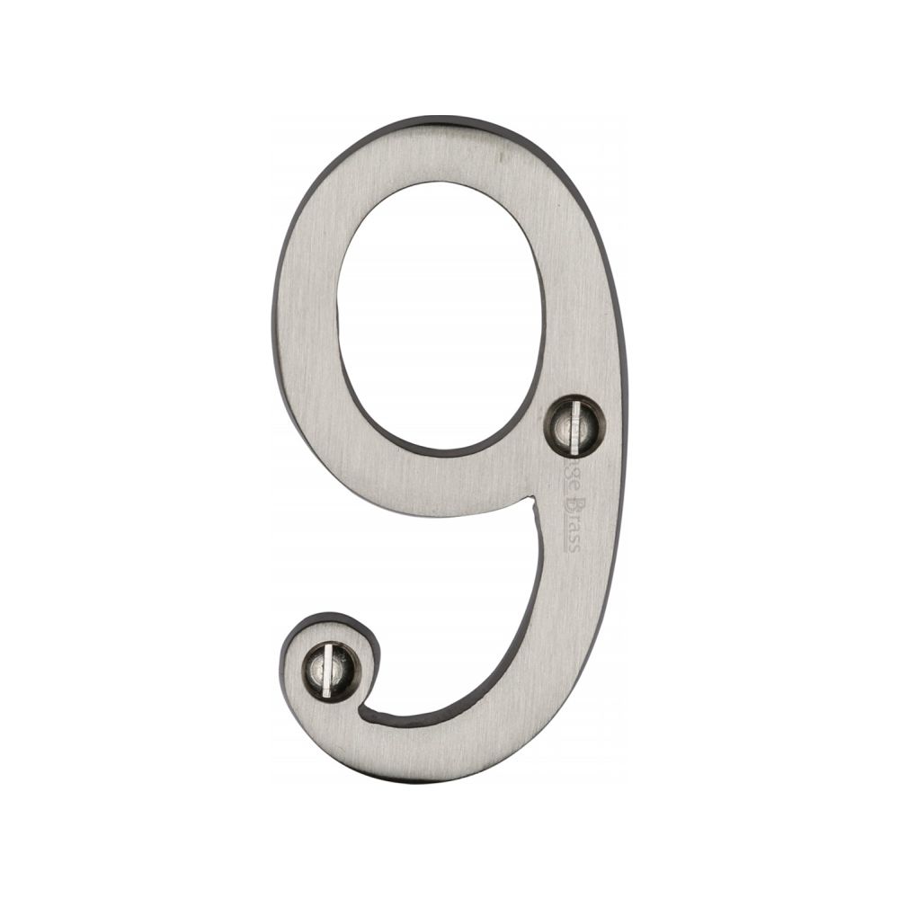This is an image of a Heritage Brass - Numeral 9 Face Fix 76mm (3") Satin Nickel Finish, c1560-9-sn that is available to order from T.H Wiggans Ironmongery in Kendal.