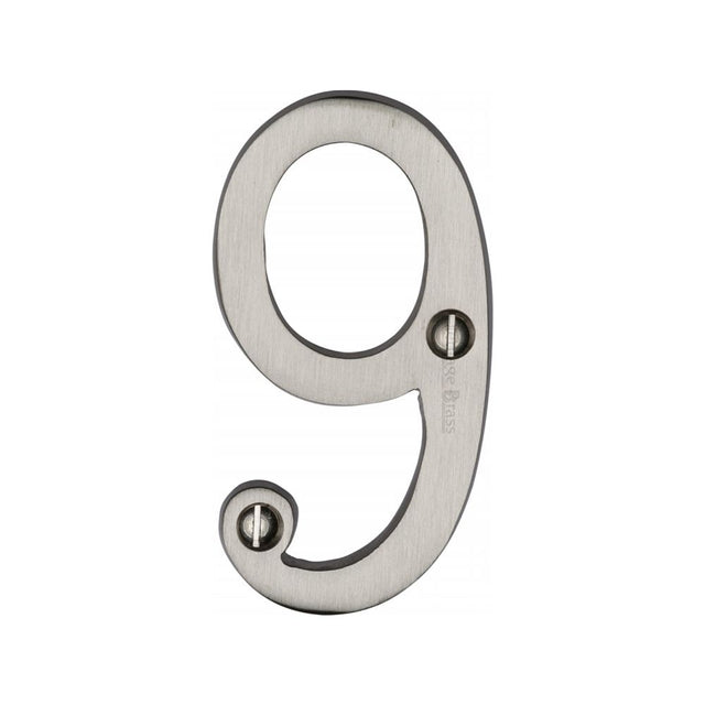 This is an image of a Heritage Brass - Numeral 9 Face Fix 76mm (3") Satin Nickel Finish, c1560-9-sn that is available to order from T.H Wiggans Ironmongery in Kendal.