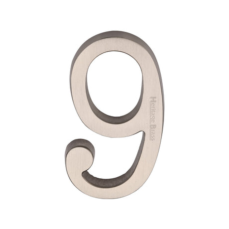 This is an image of a Heritage Brass - Numeral 9 Concealed Fix 76mm (3) Satin Nickel finish, c1564-9-sn that is available to order from T.H Wiggans Ironmongery in Kendal.