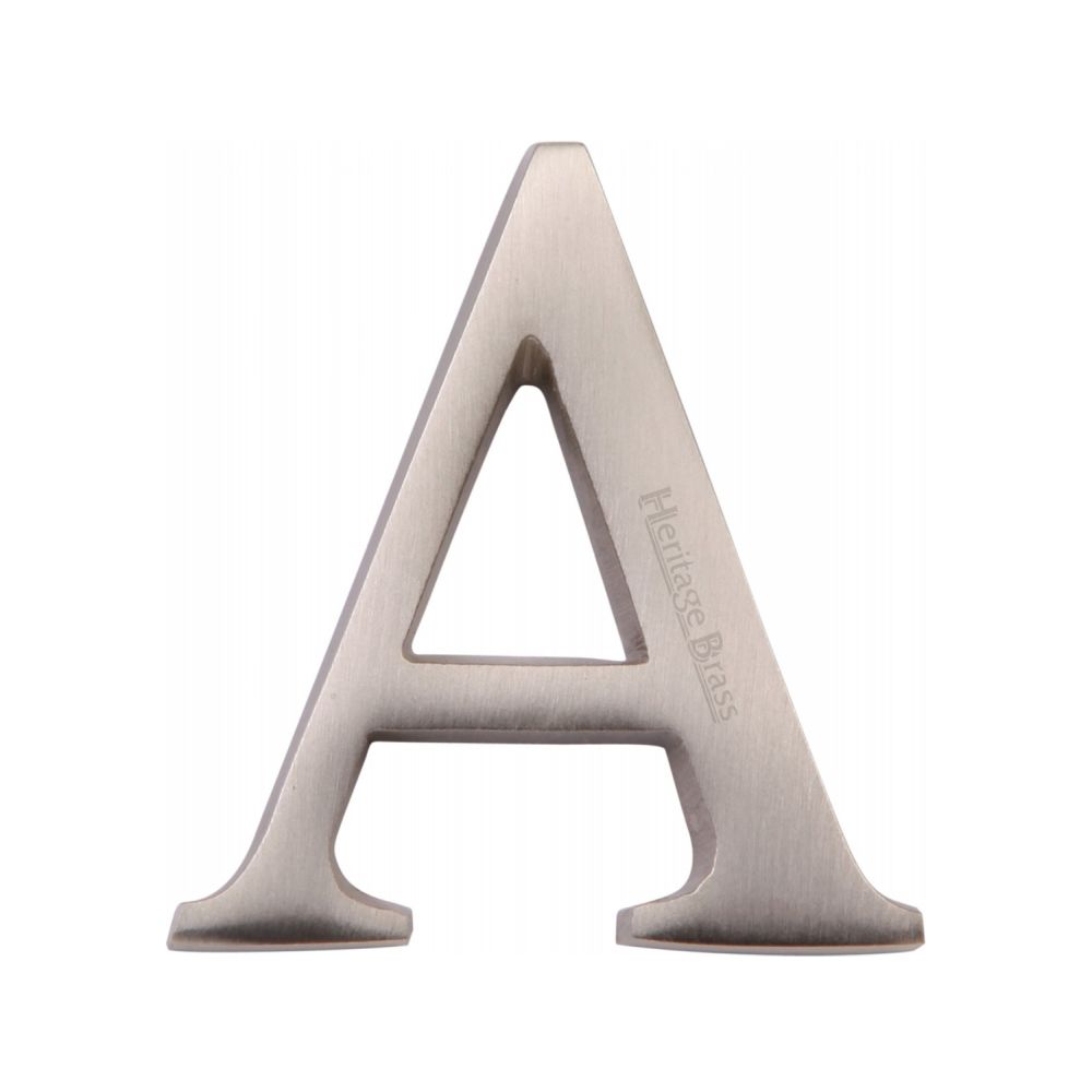 This is an image of a Heritage Brass - Alphabet A Pin Fix 51mm (2") Satin Nickel Finish, c1565-2-a-sn that is available to order from T.H Wiggans Ironmongery in Kendal.
