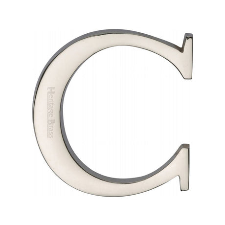 This is an image of a Heritage Brass - Alphabet C Pin Fix 51mm (2") Polished Nickel Finish, c1565-2-c-pnf that is available to order from T.H Wiggans Ironmongery in Kendal.