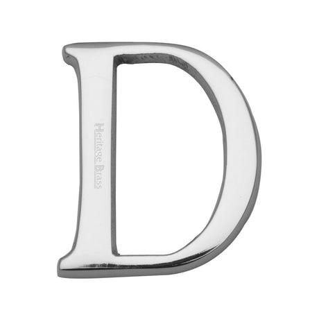 This is an image of a Heritage Brass - Alphabet D Pin Fix 51mm (2") Polished Chrome Finish, c1565-2-d-pc that is available to order from T.H Wiggans Ironmongery in Kendal.