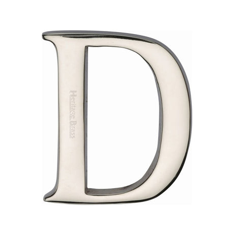 This is an image of a Heritage Brass - Alphabet D Pin Fix 51mm (2") Polished Nickel Finish, c1565-2-d-pnf that is available to order from T.H Wiggans Ironmongery in Kendal.