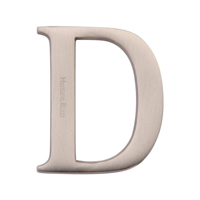 This is an image of a Heritage Brass - Alphabet D Pin Fix 51mm (2") Satin Nickel Finish, c1565-2-d-sn that is available to order from T.H Wiggans Ironmongery in Kendal.