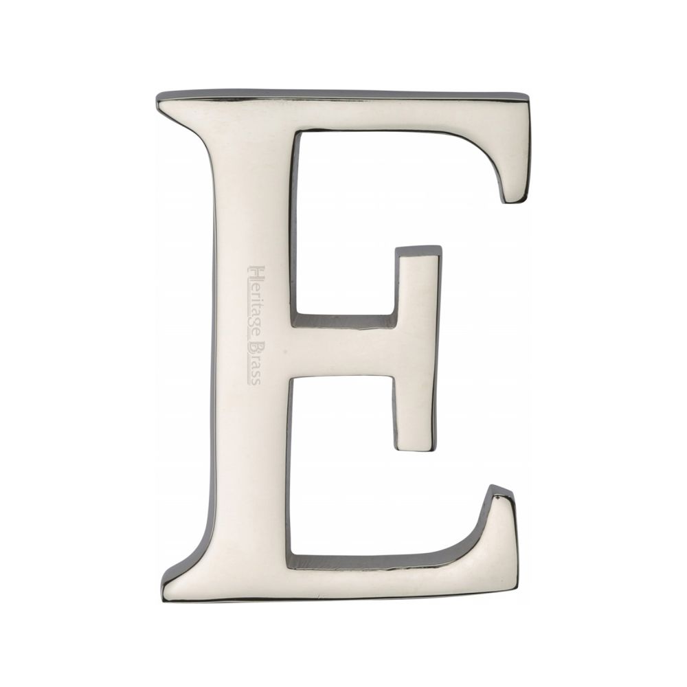 This is an image of a Heritage Brass - Alphabet E Pin Fix 51mm (2") Polished Nickel Finish, c1565-2-e-pnf that is available to order from T.H Wiggans Ironmongery in Kendal.