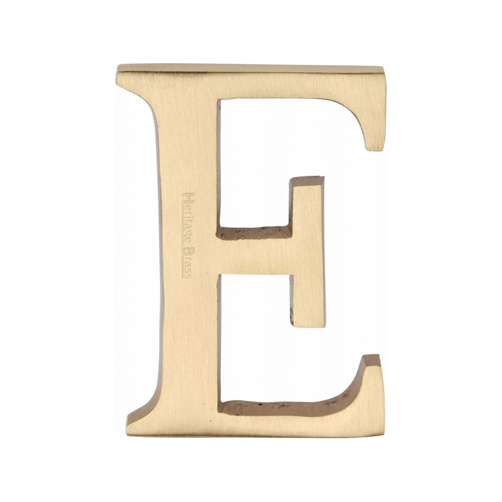 This is an image of a Heritage Brass - Alphabet E Pin Fix 51mm (2") Satin Brass Finish, c1565-2-e-sb that is available to order from T.H Wiggans Ironmongery in Kendal.