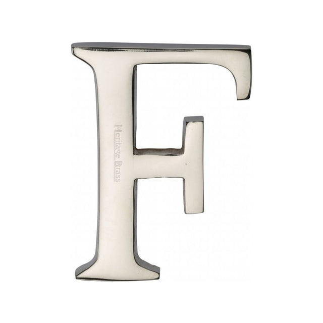 This is an image of a Heritage Brass - Alphabet F Pin Fix 51mm (2") Polished Nickel Finish, c1565-2-f-pnf that is available to order from T.H Wiggans Ironmongery in Kendal.