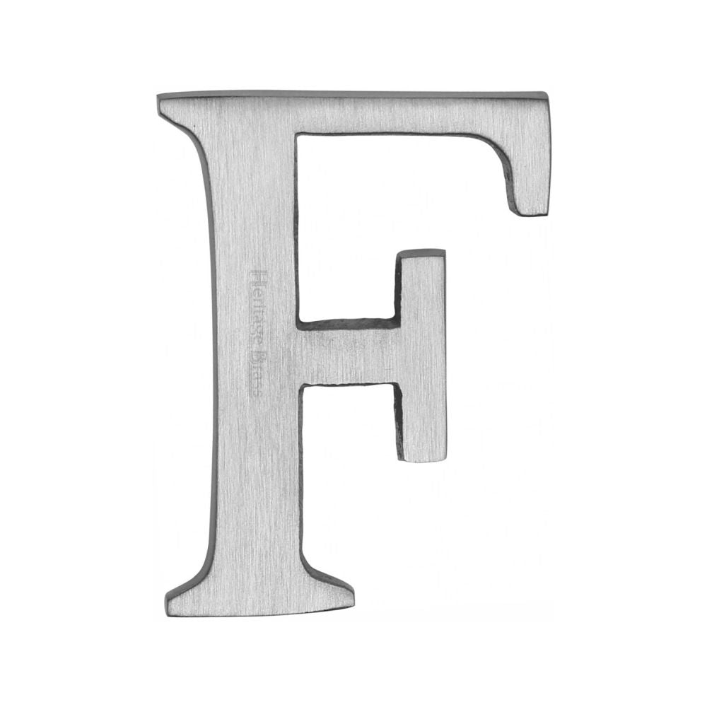 This is an image of a Heritage Brass - Alphabet F Pin Fix 51mm (2") Satin Chrome Finish, c1565-2-f-sc that is available to order from T.H Wiggans Ironmongery in Kendal.