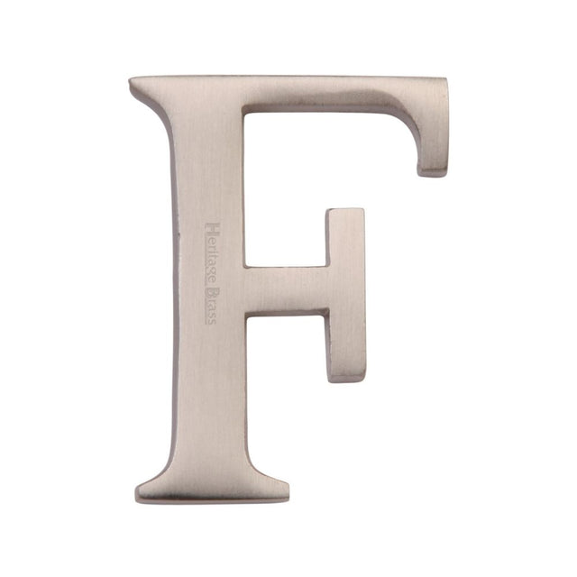 This is an image of a Heritage Brass - Alphabet F Pin Fix 51mm (2") Satin Nickel Finish, c1565-2-f-sn that is available to order from T.H Wiggans Ironmongery in Kendal.