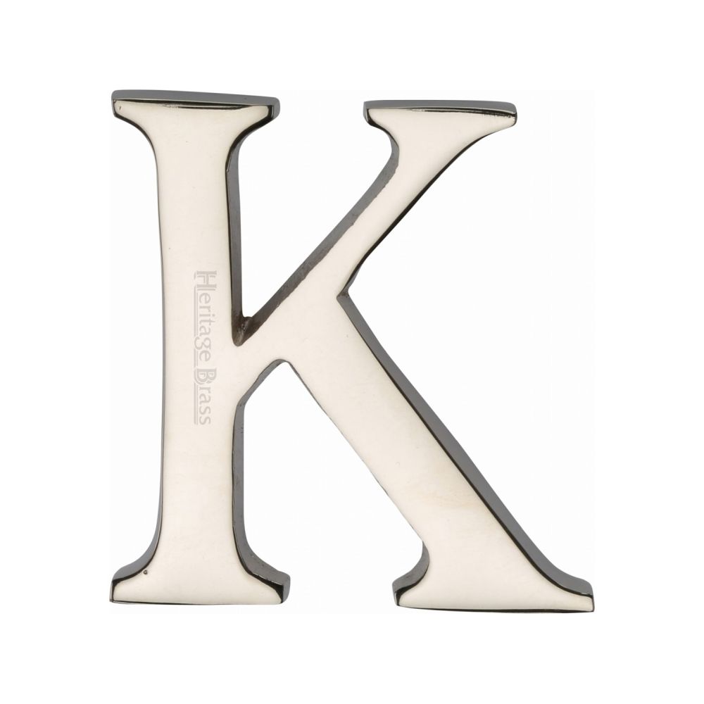 This is an image of a Heritage Brass - Alphabet K Pin Fix 51mm (2") Polished Nickel Finish, c1565-2-k-pnf that is available to order from T.H Wiggans Ironmongery in Kendal.