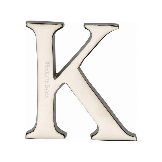 This is an image of a Heritage Brass - Alphabet K Pin Fix 51mm (2") Polished Nickel Finish, c1565-2-k-pnf that is available to order from T.H Wiggans Ironmongery in Kendal.