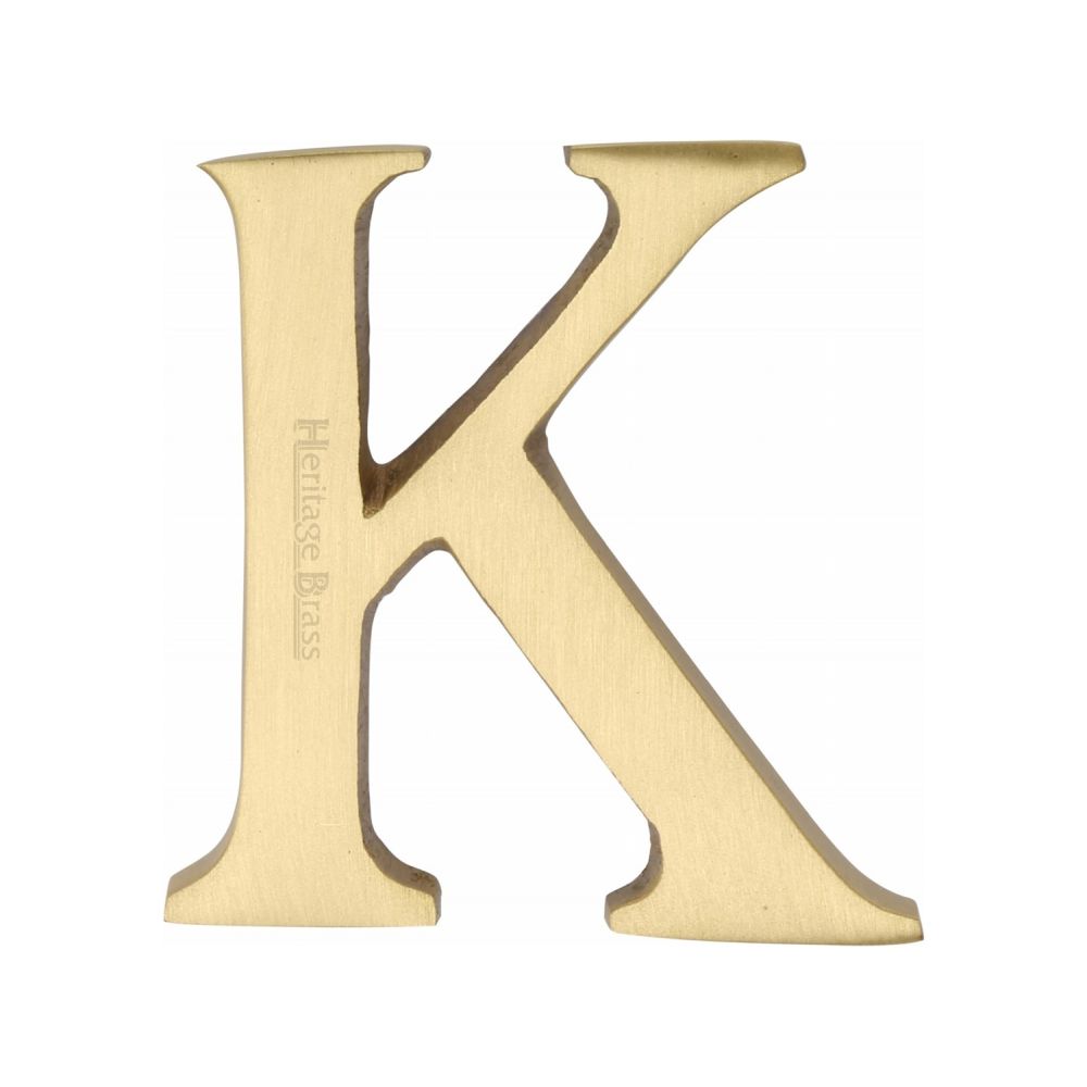 This is an image of a Heritage Brass - Alphabet K Pin Fix 51mm (2") Satin Brass Finish, c1565-2-k-sb that is available to order from T.H Wiggans Ironmongery in Kendal.