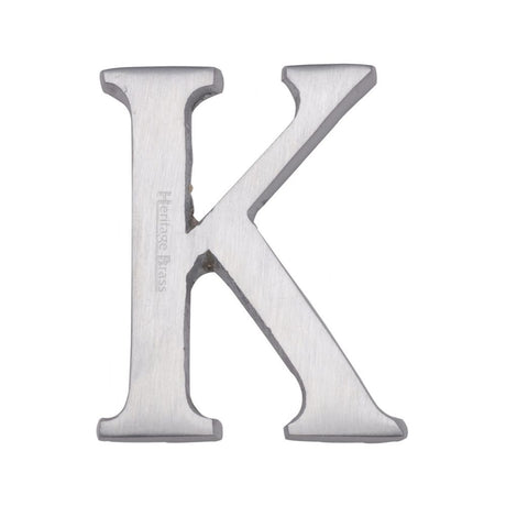 This is an image of a Heritage Brass - Alphabet K Pin Fix 51mm (2") Satin Chrome Finish, c1565-2-k-sc that is available to order from T.H Wiggans Ironmongery in Kendal.