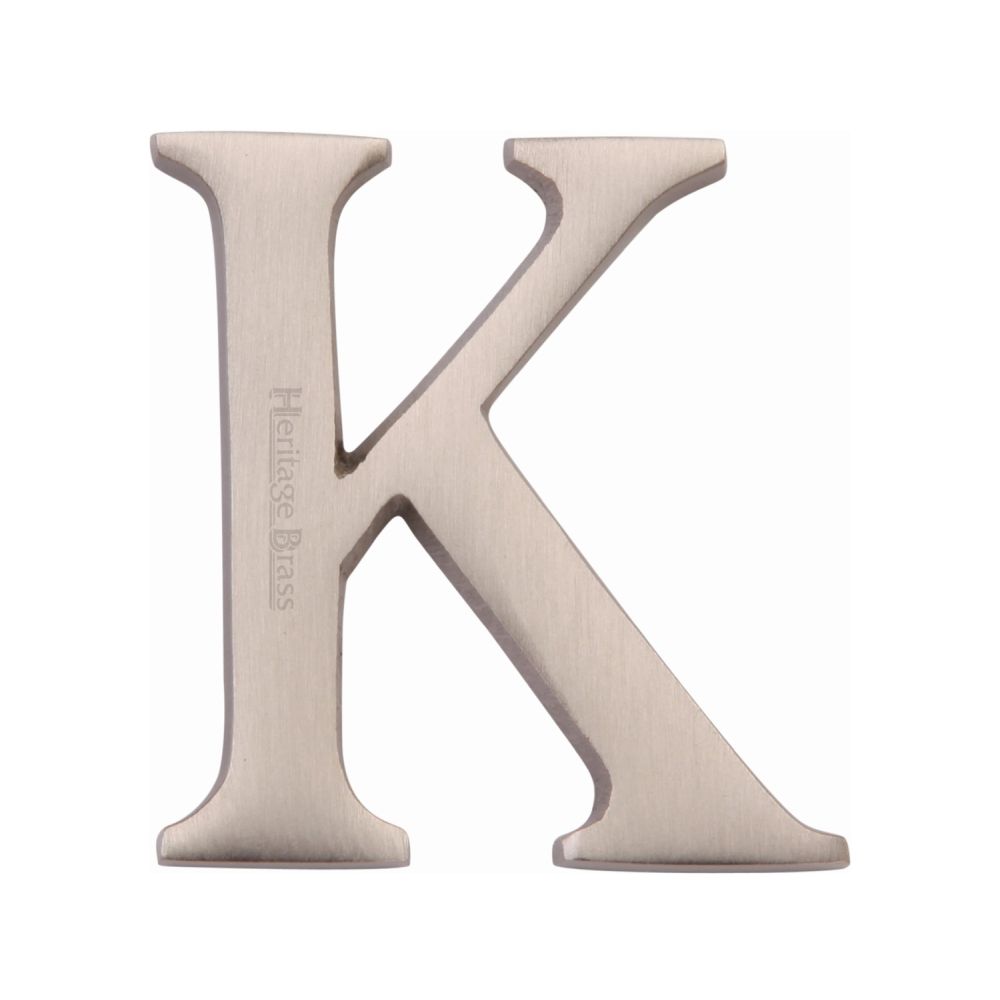 This is an image of a Heritage Brass - Alphabet K Pin Fix 51mm (2") Satin Nickel Finish, c1565-2-k-sn that is available to order from T.H Wiggans Ironmongery in Kendal.