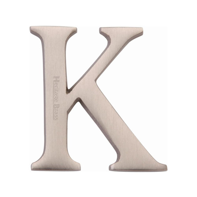 This is an image of a Heritage Brass - Alphabet K Pin Fix 51mm (2") Satin Nickel Finish, c1565-2-k-sn that is available to order from T.H Wiggans Ironmongery in Kendal.