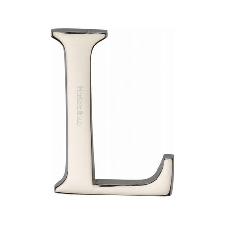 This is an image of a Heritage Brass - Alphabet L Pin Fix 51mm (2") Polished Nickel Finish, c1565-2-l-pnf that is available to order from T.H Wiggans Ironmongery in Kendal.