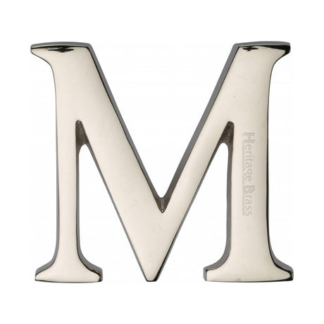 This is an image of a Heritage Brass - Alphabet M Pin Fix 51mm (2") Polished Nickel Finish, c1565-2-m-pnf that is available to order from T.H Wiggans Ironmongery in Kendal.