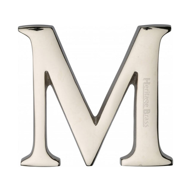 This is an image of a Heritage Brass - Alphabet M Pin Fix 51mm (2") Polished Nickel Finish, c1565-2-m-pnf that is available to order from T.H Wiggans Ironmongery in Kendal.
