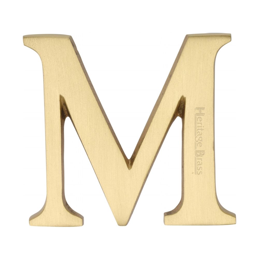 This is an image of a Heritage Brass - Alphabet M Pin Fix 51mm (2") Satin Brass Finish, c1565-2-m-sb that is available to order from T.H Wiggans Ironmongery in Kendal.