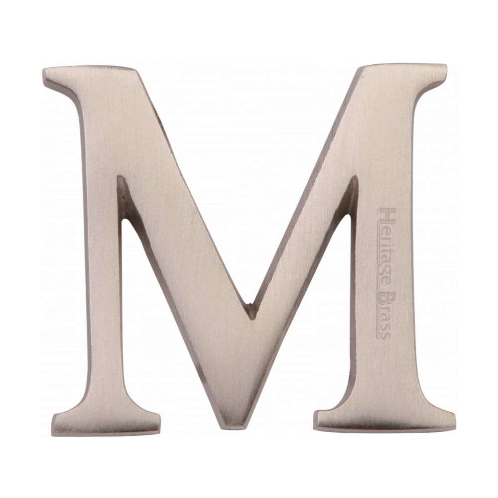This is an image of a Heritage Brass - Alphabet M Pin Fix 51mm (2") Satin Nickel Finish, c1565-2-m-sn that is available to order from T.H Wiggans Ironmongery in Kendal.