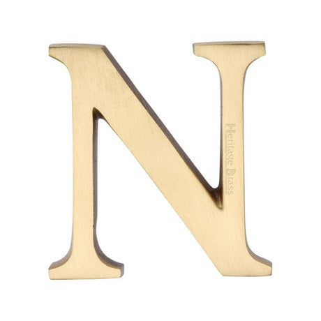 This is an image of a Heritage Brass - Alphabet N Pin Fix 51mm (2") Satin Brass Finish, c1565-2-n-sb that is available to order from T.H Wiggans Ironmongery in Kendal.