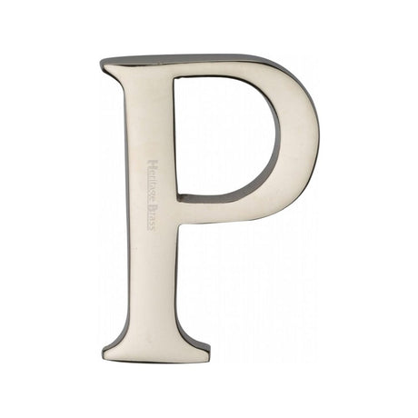 This is an image of a Heritage Brass - Alphabet P Pin Fix 51mm (2") Polished Nickel Finish, c1565-2-p-pnf that is available to order from T.H Wiggans Ironmongery in Kendal.