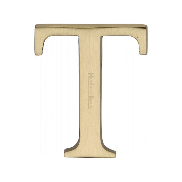 This is an image of a Heritage Brass - Alphabet T Pin Fix 51mm (2") Satin Brass Finish, c1565-2-t-sb that is available to order from T.H Wiggans Ironmongery in Kendal.