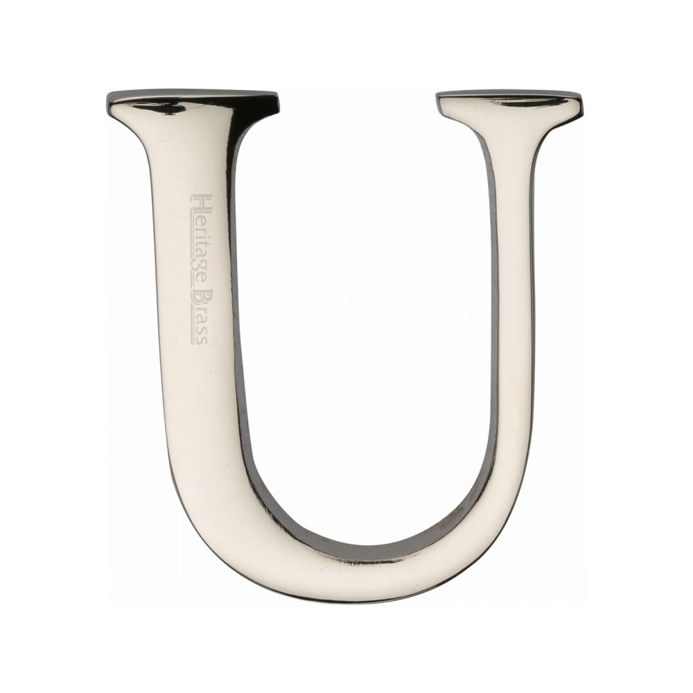 This is an image of a Heritage Brass - Alphabet U Pin Fix 51mm (2") Polished Nickel Finish, c1565-2-u-pnf that is available to order from T.H Wiggans Ironmongery in Kendal.