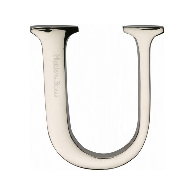 This is an image of a Heritage Brass - Alphabet U Pin Fix 51mm (2") Polished Nickel Finish, c1565-2-u-pnf that is available to order from T.H Wiggans Ironmongery in Kendal.