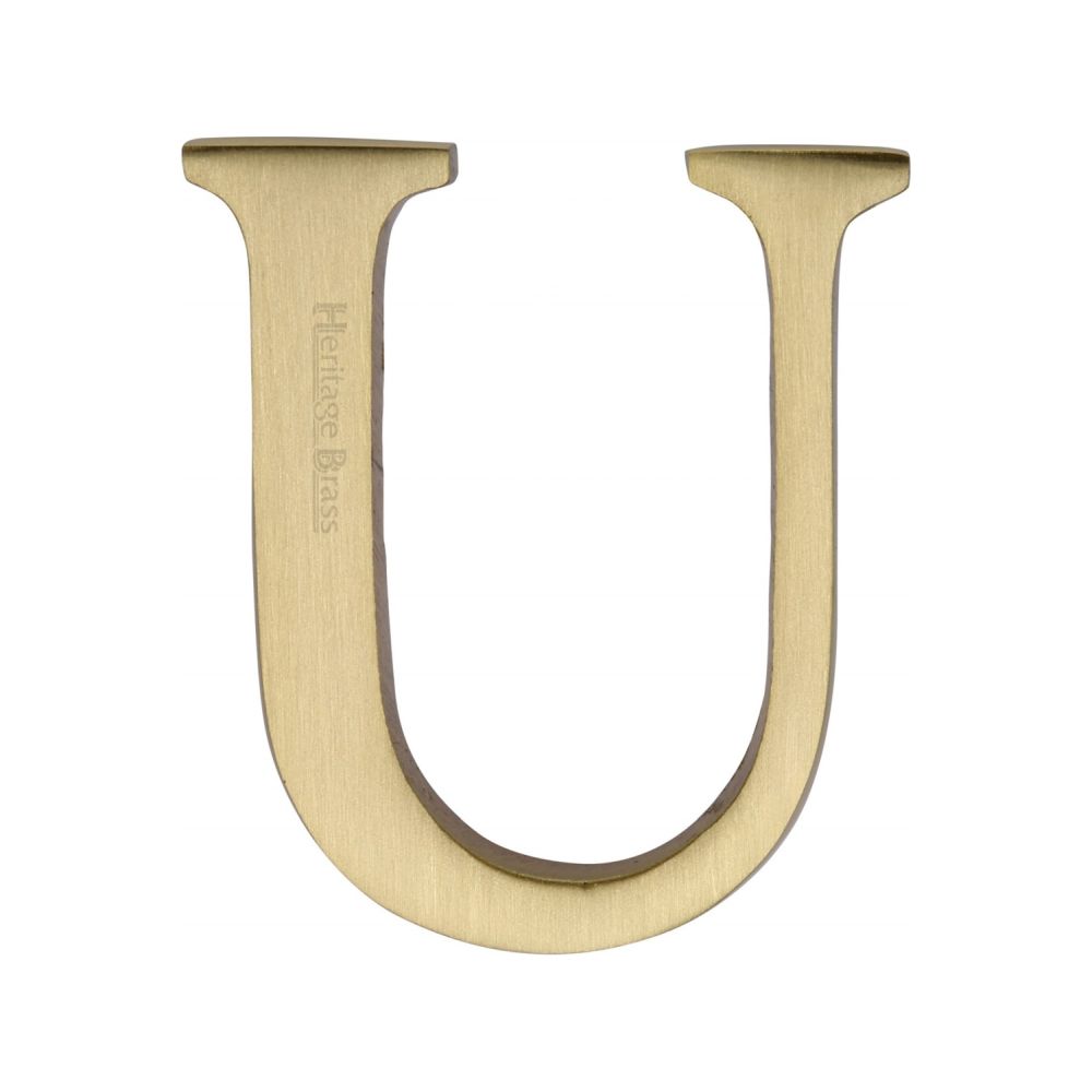 This is an image of a Heritage Brass - Alphabet U Pin Fix 51mm (2") Satin Brass Finish, c1565-2-u-sb that is available to order from T.H Wiggans Ironmongery in Kendal.