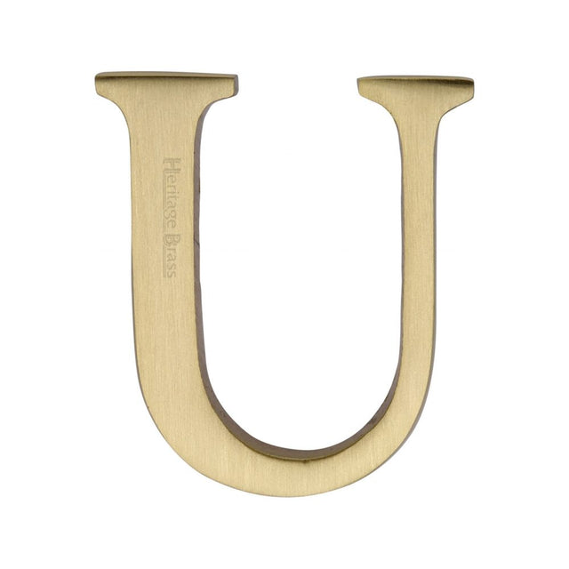 This is an image of a Heritage Brass - Alphabet U Pin Fix 51mm (2") Satin Brass Finish, c1565-2-u-sb that is available to order from T.H Wiggans Ironmongery in Kendal.