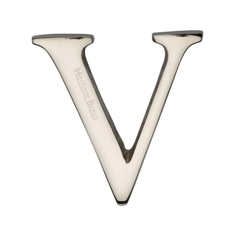 This is an image of a Heritage Brass - Alphabet V Pin Fix 51mm (2") Polished Nickel Finish, c1565-2-v-pnf that is available to order from T.H Wiggans Ironmongery in Kendal.