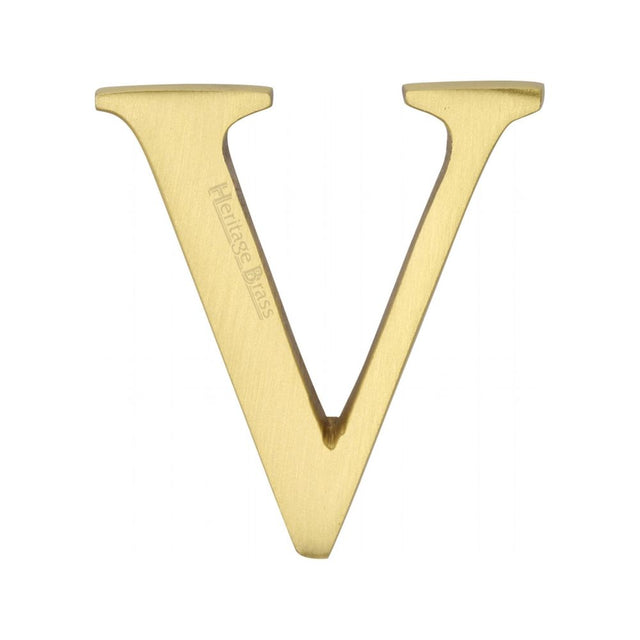 This is an image of a Heritage Brass - Alphabet V Pin Fix 51mm (2") Satin Brass Finish, c1565-2-v-sb that is available to order from T.H Wiggans Ironmongery in Kendal.
