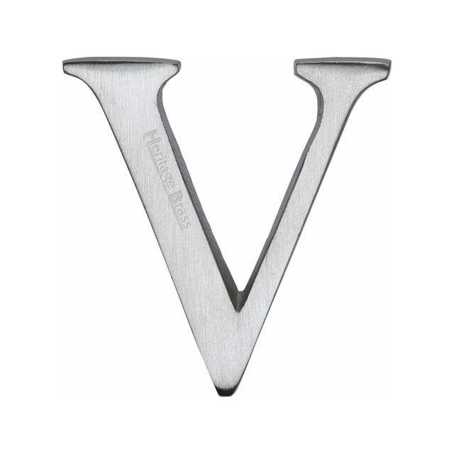 This is an image of a Heritage Brass - Alphabet V Pin Fix 51mm (2") Satin Chrome Finish, c1565-2-v-sc that is available to order from T.H Wiggans Ironmongery in Kendal.