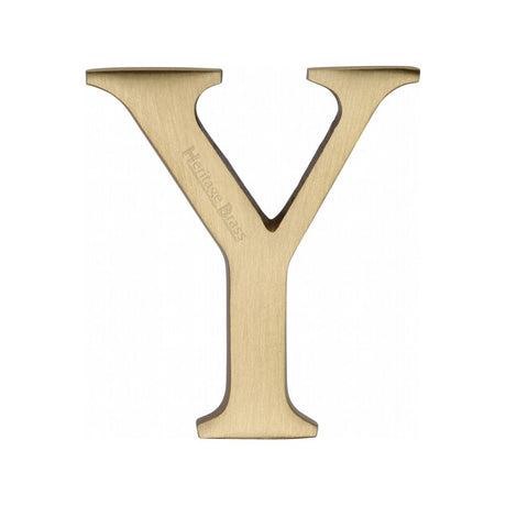 This is an image of a Heritage Brass - Alphabet Y Pin Fix 51mm (2") Satin Brass Finish, c1565-2-y-sb that is available to order from T.H Wiggans Ironmongery in Kendal.