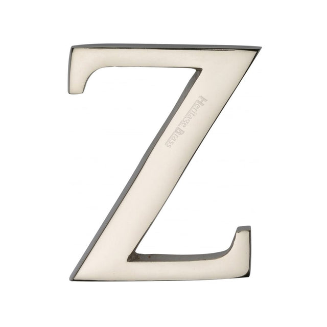 This is an image of a Heritage Brass - Alphabet Z Pin Fix 51mm (2") Polished Nickel Finish, c1565-2-z-pnf that is available to order from T.H Wiggans Ironmongery in Kendal.