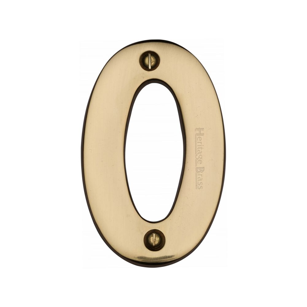 This is an image of a Heritage Brass - Numeral 0 Face Fix 76mm (3") Polished Brass Finish, c1566-0-pb that is available to order from T.H Wiggans Ironmongery in Kendal.