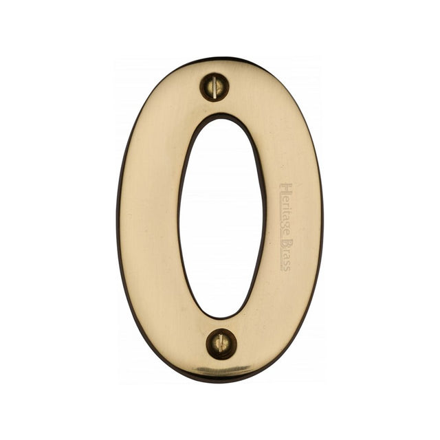 This is an image of a Heritage Brass - Numeral 0 Face Fix 76mm (3") Polished Brass Finish, c1566-0-pb that is available to order from T.H Wiggans Ironmongery in Kendal.