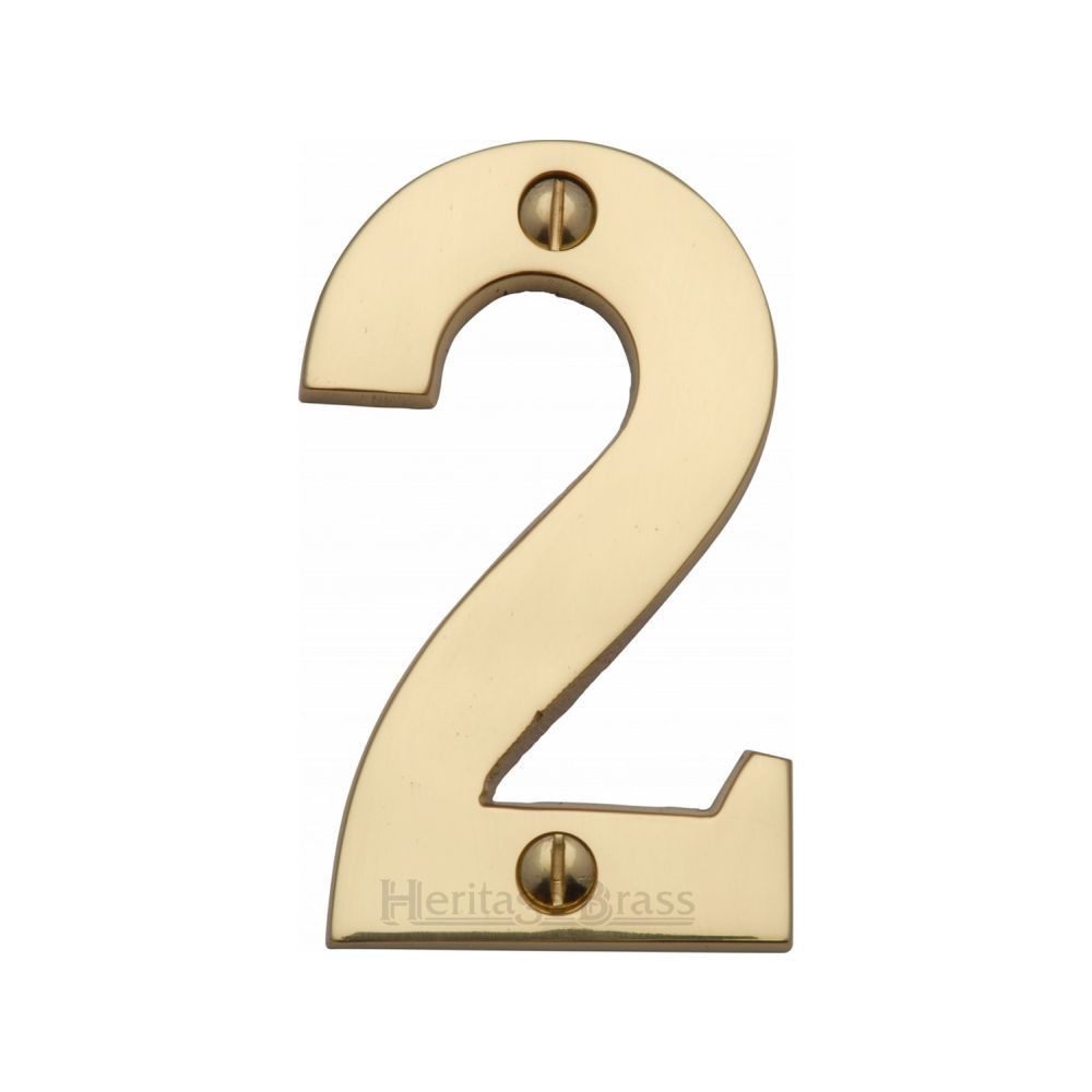 This is an image of a Heritage Brass - Numeral 2 Face Fix 76mm (3") Polished Brass Finish, c1566-2-pb that is available to order from T.H Wiggans Ironmongery in Kendal.