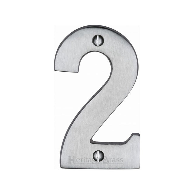 This is an image of a Heritage Brass - Numeral 2 Face Fix 76mm (3") Satin Chrome Finish, c1566-2-sc that is available to order from T.H Wiggans Ironmongery in Kendal.