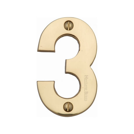 This is an image of a Heritage Brass - Numeral 3 Face Fix 76mm (3") Polished Brass Finish, c1566-3-pb that is available to order from T.H Wiggans Ironmongery in Kendal.