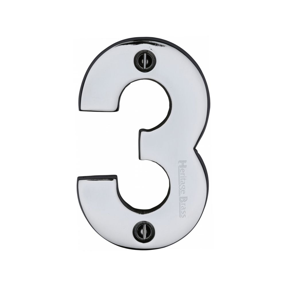 This is an image of a Heritage Brass - Numeral 3 Face Fix 76mm (3") Polished Chrome Finish, c1566-3-pc that is available to order from T.H Wiggans Ironmongery in Kendal.