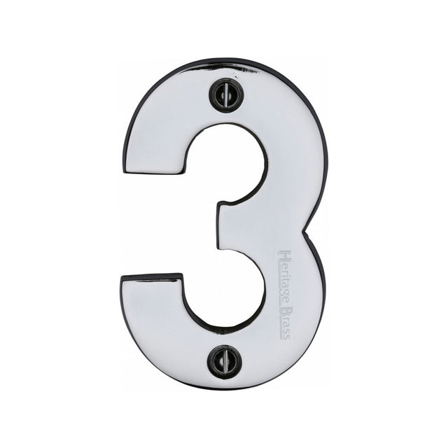 This is an image of a Heritage Brass - Numeral 3 Face Fix 76mm (3") Polished Chrome Finish, c1566-3-pc that is available to order from T.H Wiggans Ironmongery in Kendal.
