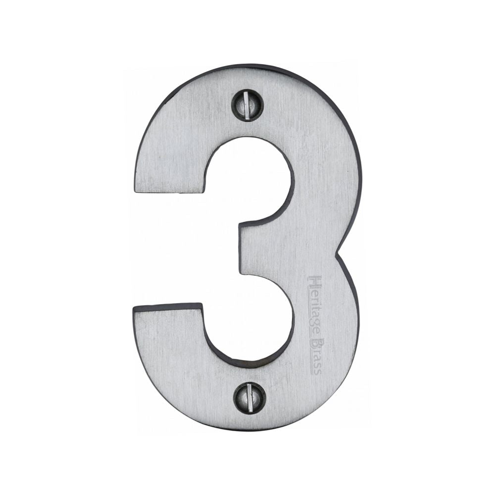 This is an image of a Heritage Brass - Numeral 3 Face Fix 76mm (3") Satin Chrome Finish, c1566-3-sc that is available to order from T.H Wiggans Ironmongery in Kendal.