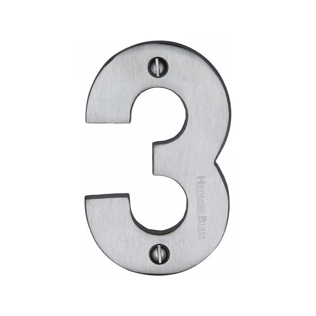 This is an image of a Heritage Brass - Numeral 3 Face Fix 76mm (3") Satin Chrome Finish, c1566-3-sc that is available to order from T.H Wiggans Ironmongery in Kendal.