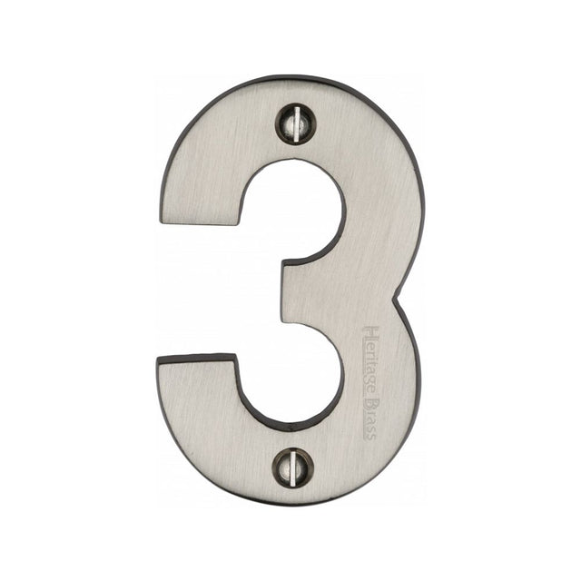 This is an image of a Heritage Brass - Numeral 3 Face Fix 76mm (3") Satin Nickel Finish, c1566-3-sn that is available to order from T.H Wiggans Ironmongery in Kendal.