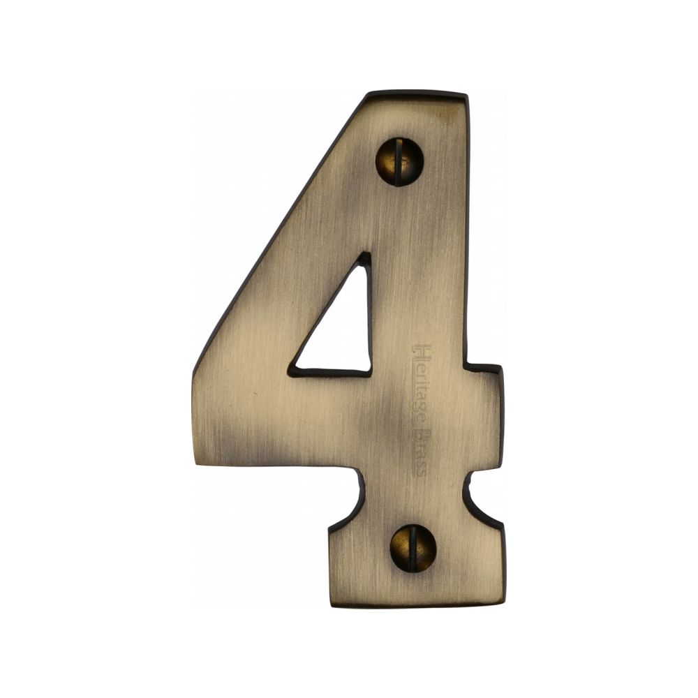 This is an image of a Heritage Brass - Numeral 4 Face Fix 76mm (3") Antique Brass Finish, c1566-4-at that is available to order from T.H Wiggans Ironmongery in Kendal.
