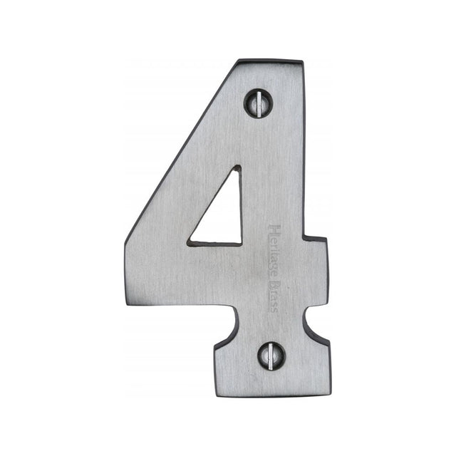 This is an image of a Heritage Brass - Numeral 4 Face Fix 76mm (3") Satin Chrome Finish, c1566-4-sc that is available to order from T.H Wiggans Ironmongery in Kendal.